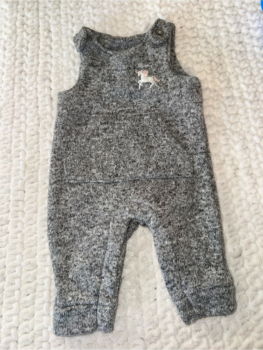 Grey Knit Baby Overalls with Unicorn Embroidery